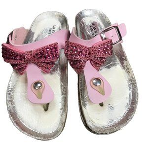 Monnalisa Pink Leather Crystal, Jewel Bow Sandals Cork‎ Little Girls 13 Italy